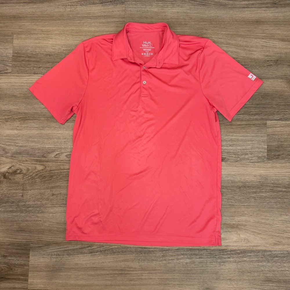 Huk Mens Performance Polo Shirt Coral Pink Short Sleeve Fishing Large RN144273